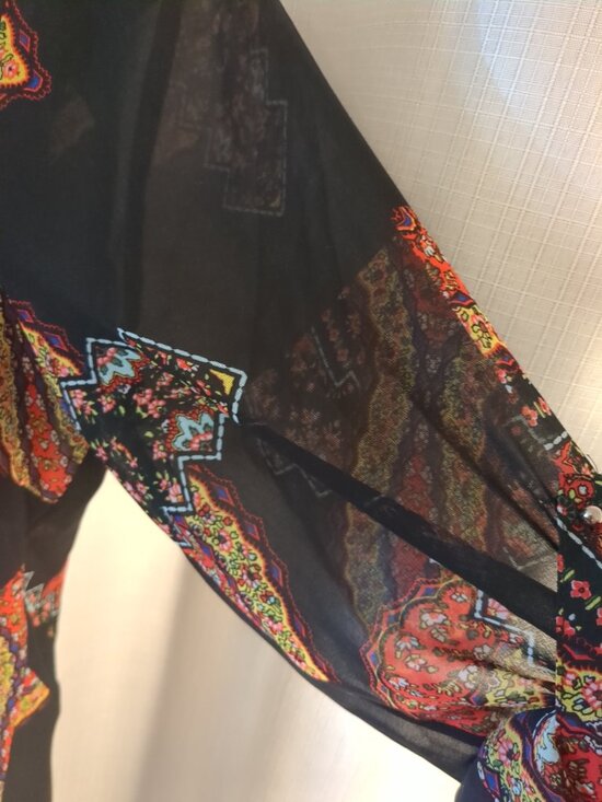 Sheer Black Partial Button Blouse / Tunic with colors of red / yellow /cream / - Picture 16 of 16